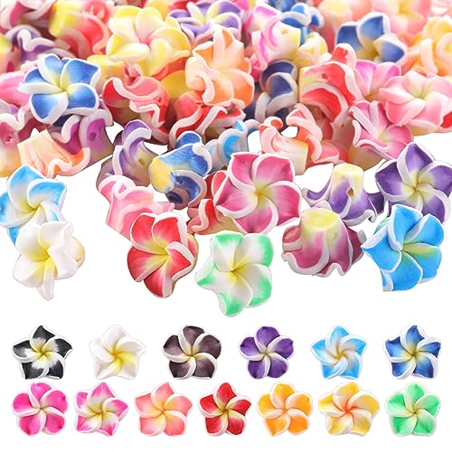 SUNNYCLUE 100 Stück Plumeria Perlen Aus Polymer Ton Handgefertigte Hawaiianische Plumeria Blumen 12x8 mm Flache Rückseite Florale Charms Sommerliche Bunte 3D Lose Abstandsperlen Für Die Schmuckherste von SUNNYCLUE