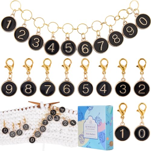 SUNNYCLUE 11 Stück Nummer 0~9 Maschenmarkierer Charms Schwarz Strickreihenzähler Ketten Legierung Emaille Abnehmbarer Goldfarbener Karabinerverschluss Verriegelnder Metall Stichmarkierer Zum Häkeln Ba von SUNNYCLUE