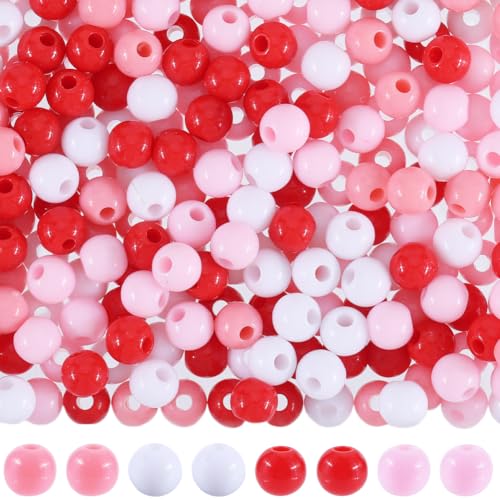 SUNNYCLUE 1200 Stück 6 mm große Valentinstags-Perlen, rosa, runde Kunststoffperlen, rot-weiß, Liebe, niedlich, klein, glatt, Acrylperlen, lose Perlen für Schmuckherstellung, DIY, Basteln, Halsketten, von SUNNYCLUE