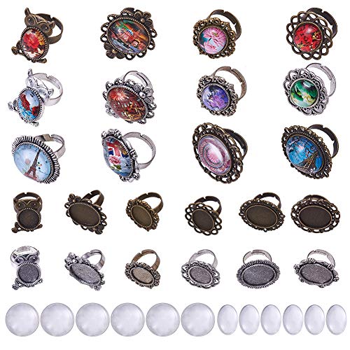 SUNNYCLUE 24 Stück 12 Stile 2 Farben Gemischte Einstellbare Ringrohlinge cabochon ringe rohlinge Einstellungen Mit 12 Stile Klarglas Cabochons Oval Rund Für Die Ringherstellung, Antike Silberbronze von SUNNYCLUE