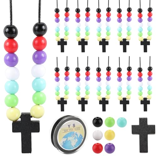 SUNNYCLUE 150Pcs Holz Kreuz Charms Halskette Machen Kit 10Pcs kleine Schwarze Kreuz Charms 140Pcs 8mm Bunte sortierte Acryl Runde Perlen Bulk 20Yards gewachstem Polyester Schnüre für Schmuck Machen von SUNNYCLUE