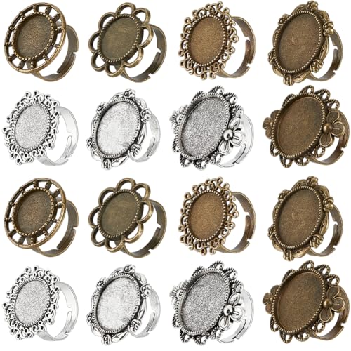 SUNNYCLUE 16 Stück 8 Stile Verstellbare Rohlinge Für Ringe Großpackung Mit Lünettenring Rohlingen Antik Silber Bronze Cabochon Fassungen Blume Flach Rund Vintage Fingerringe Komponenten Für Frauen DIY von SUNNYCLUE