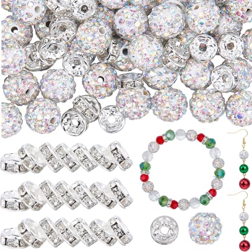 SUNNYCLUE 180 Stück 10 mm Strass-Ton-Perlen, 8 mm, Rondelle-Abstandshalter, kleine Kristalle, AB-Polymer-Ton, Pavé-Fassung, Discokugel, rund, klobig, Kaugummi-Abstandshalter für Stifte, Halsketten, von SUNNYCLUE