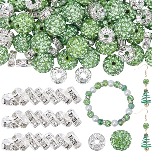 SUNNYCLUE 180 Stück 10 mm kleine Strass-Ton-Perlen, Discokugel-Perlen, Polymer-Ton, kleine Pavé-Fassung, runde Charms, Peridot, Kristall, Diamant, klobige Stiftperlen für Schmuckherstellung, DIY, von SUNNYCLUE