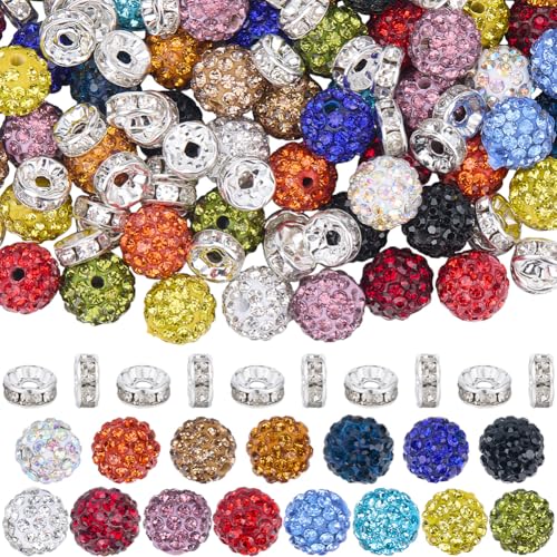 SUNNYCLUE 180 Stück 10mm Runde Strassperlen Discokugel Perlen Polymer Ton Kaugummi Kleine Kristall Abstandshalter Perlen Charms Für Perlenstifte Schlüsselanhänger Armbänder Halsketten Schmuckherstellu von SUNNYCLUE