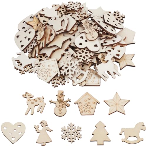 SUNNYCLUE 200 Stück Weihnachts Holzausschnitte Weihnachtsbaumschmuck Aus Holz Natürlich Unlackiert Blanko Schneeflocke Schneemann Herz Kleine Scheiben Hängende Ornamente Für Heimwerker Basteln Dekorat von SUNNYCLUE