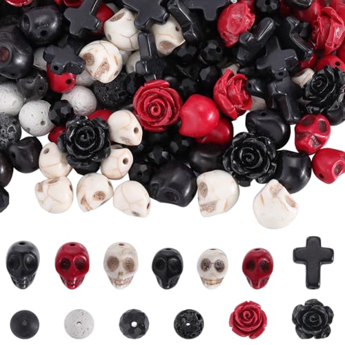 SUNNYCLUE 203 Stück Halloween Totenkopf Perlen Skelett Anhänger Natürlicher Lavastein Synthetischer Türkis Schwarzer Stein Kreuz Blume Rose Abstandsperlen Zur Schmuckherstellung Armbänder Halsketten D von SUNNYCLUE