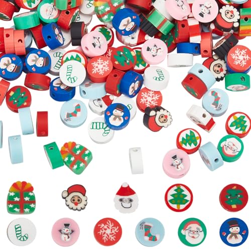 SUNNYCLUE 220 Stück 11 Stile Weihnachtsperlen Aus Polymer Ton 10mm Flache Abstandsperlen Süße Weihnachtsmann Weihnachtsscheibe Lose Vinylssperlen Großpackung Zur Schmuckherstellung Armband Perlensets von SUNNYCLUE