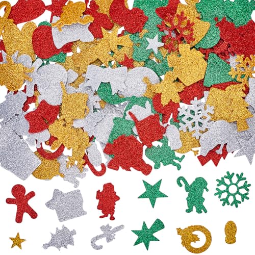 SUNNYCLUE 264 Stück 4 Farben Weihnachts Glitzeraufkleber Weihnachts Schaumstoffaufkleber Großpackung Gold Silber Rot Grün Selbstklebender Weihnachtsbaum Weihnachtsmann Glocke Schneeflocke Aufkleber Fü von SUNNYCLUE