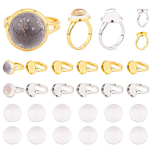 SUNNYCLUE 30Stk 12mm Verstellbare Cabochonring-Einstellungen Mit 30Stk. Runden Glaskuppel-Cabochons Gold Edelstahl Farbe Leere Fingerringe Für DIY-Ringherstellung Schmuckherstellung Zubehör von SUNNYCLUE