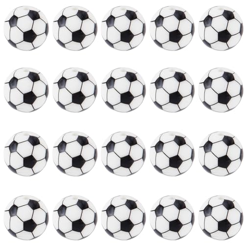 SUNNYCLUE 32 Stück 15mm Fußballperlen Sport Silikon Brennperlen Weiß/Schwarz Kleine Lose Runde Kugelperlen Stiftperlen Für Abschlussfeiern Bürobedarf Basteln Schlüsselanhänger Halsketten Schmuckherste von SUNNYCLUE