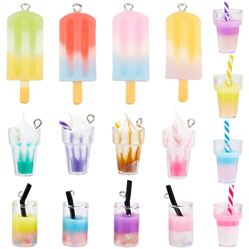 SUNNYCLUE 32 Stück 16 Stile Boba Cup Charms Milchtee Charm Harz Eis Am Stiel Creme Anhänger Ice Pops Flaschen Sommer Anhänger Für Die Schmuckherstellung Charms Zubehör Schlüsselanhänger Baumeln Ohrrin von SUNNYCLUE