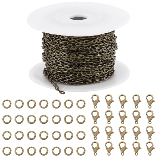 SUNNYCLUE 32.8 Fuß/10 m Ketten In Antik Bronze Schmuckkettenrolle Strukturierte Kabelkettenspule 5x3.5 mm Kettenglieder Panzerkette 20 Karabinerverschlüsse 50 offene Biegeringe Zur Schmuckherstellung von SUNNYCLUE