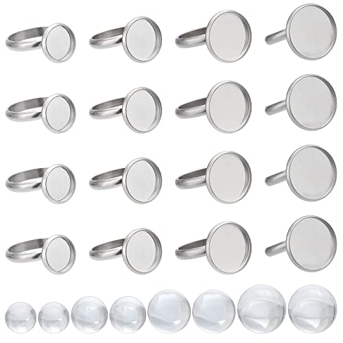 SUNNYCLUE 40 Sets 80 Stück Cabochon Ringrohlinge Glas Cabochons Ringbasis Edelstahlringe Lünette Flaches Rundes Tablett Verstellbare Fingerringe Zubehör Für Frauen DIY Sets Zur Herstellung von Ringen von SUNNYCLUE