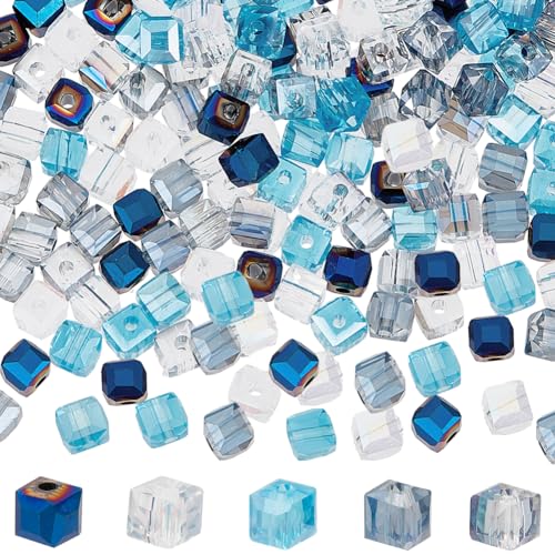 SUNNYCLUE 400 Stück 5 Farben Blaue Quadratische Glasperlen Blaue Glaswürfelperle ab Farbe Facettiertes Transparentes Glas Kristallblauer Würfel Winzige Abstandsperle Zur Schmuckherstellung DIY Zubehör von SUNNYCLUE