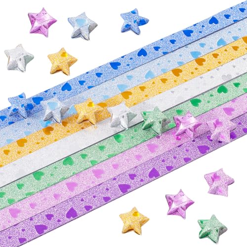 SUNNYCLUE 560 Blatt 7 Farben Glücksstern Papierstreifen Glänzendes Großes Stern Faltpapier Bunt Glitzernd Liebessterne Origami Blau Silber Gelb Grün Lila Herzmusterpapier Zum Basteln DIY Kunstprojekt von SUNNYCLUE