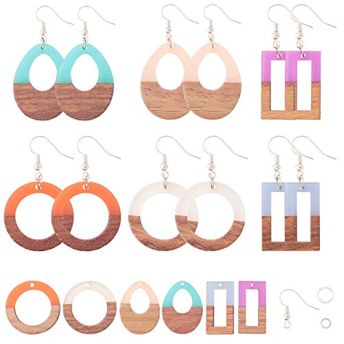 SUNNYCLUE 6 Paar Harz Holz Baumeln Tropfen Ohrring Machen Starter Kit Teardrop Ring Rechteck Schmuck Anhänger Machen Lieferungen Für Frauen Mädchen Anfänger, Gemischte Farbe von SUNNYCLUE