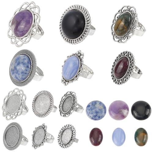 SUNNYCLUE 6 Sets Cabochon Ring Set Cabochon Ring Fassung Verstellbare Stein Cabochon Ringe Heilende Energie Achat Amethyst Edelstein Antik Silber Fingerringe Für Schmuckherstellung Kits DIY Zubehör von SUNNYCLUE