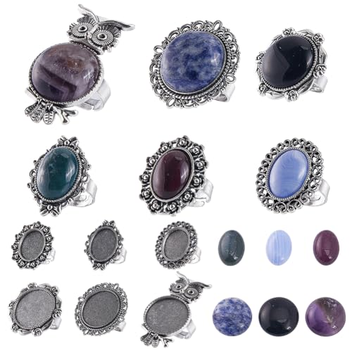 SUNNYCLUE 6 Sets Edelstein Cabochon Ring Set Verstellbare Ringrohlinge Heilenergie Achat Amethyst Cabochon Steine Ovaler Ring Rohling Stein Cabochon Ringe Für Schmuckherstellungs Sets Frauen DIY Zubeh von SUNNYCLUE