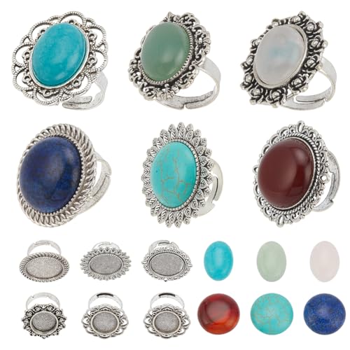 SUNNYCLUE 6 Stück Cabochon Ring Fassung Stein Cabochons Flatback Cabochon Steine Heilenergiesteine Vintage Stil Ovaler Ringrohling Edelstein Cabochon Ringe Für Schmuckherstellungs Sets DIY Zubehör Für von SUNNYCLUE