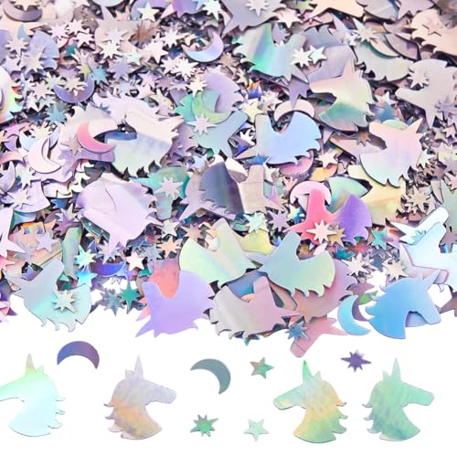 SUNNYCLUE 60~70g Stern/Mond Glitzer Einhorn Konfetti Silberfarbener Kunststoff Schillernde Metallic Folie Tischpapier Pailletten Streukunst Laser Glitzer Für Halloween Geburtstage Hochzeiten Partys D von SUNNYCLUE