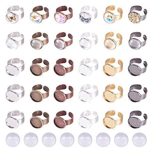 SUNNYCLUE 60 Stück 6 Farben DIY Cabochon Ringfassung Mit Ringrohlingen Und 14 Mm Klarglas Cabochons Für Die Schmuckherstellung Verstellbarer Fingerring Bleifrei Und Cadmium Frei von SUNNYCLUE