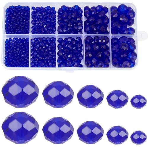 SUNNYCLUE 780 Stück 5 Größen Blaue Glasperlen Facettierte Kristallperlen 2mm 4mm 6mm 8mm 10mm Rondelle Briolette Galvanisierte Lose Perlen Zur Schmuckherstellung DIY Basteln Halsketten Armbänder von SUNNYCLUE