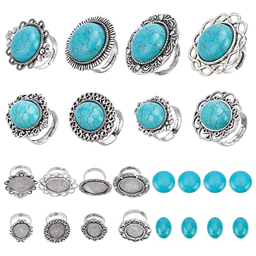 SUNNYCLUE 8 Sets 2 Stile DIY Edelstein Cabochon Ringfassung Verstellbarer Ovaler Flacher Runder Ringrohlinge Und Ovaler Türkis Cabochons Für Frauen Anfänger DIY Ringschmuckherstellung von SUNNYCLUE