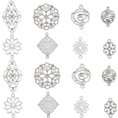 SUNNYCLUE 80 Stück 8 Stile Filigrane Schmuckverbinder Silberfarbene Filigrane Charms Großpackung Hohler Tibetischer Charm Vintage Blumenverbinder Für Die Schmuckherstellung Ohrringe Halsketten Armbänd von SUNNYCLUE