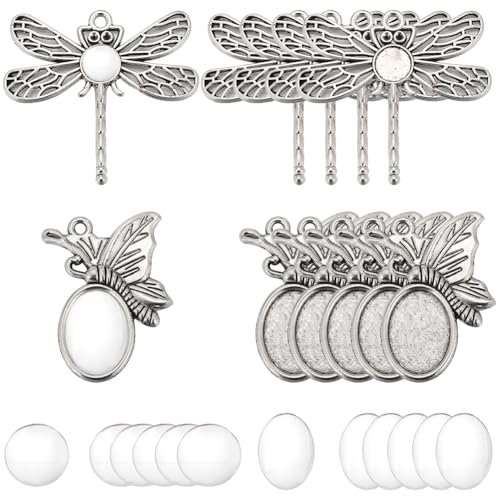 SUNNYCLUE 80 Stück DIY 40 Sets Cabochon Lünettentabletts Anhänger Lünetten Kit Antiksilber Schmetterling Libelle Insekt Anhängerrohlinge Anhängertablett Mit Runden Ovalen Glascabochons Für Die Schmuck von SUNNYCLUE