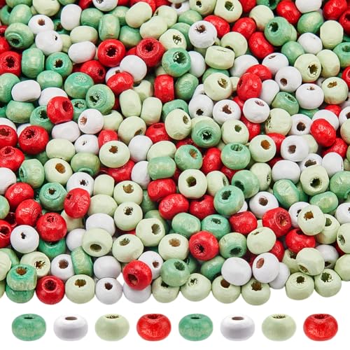 SUNNYCLUE 800 Stück 4 Farben Weihnachts Holzperlen Bunte Holzperle 5mm Grün Rot Weiß Europäische Weihnachts Winterferien Runde Abstandshalter Lose Mini Perle Für Armbänder Schmuckherstellung DIY Bast von SUNNYCLUE