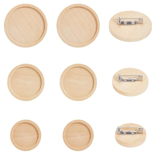 SUNNYCLUE Brosche in 3 Größen, Cabochon-Holz-Cabochon-Rohlinge, Naturholz, flacher runder Rahmen, mit Edelstahl-Sicherheitsnadeln für Schmuckherstellung, Bastelarbeiten, 24 Stück von SUNNYCLUE