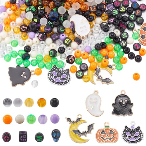 SUNNYCLUE Ca. 690 Stück Acryl Halloween Perlen Set Halloween Armband Bastelset Legierung Skelett Spinne Geist Kürbis Anhänger Runde Abstandshalter Lose Perlen Zur Schmuckherstellung Armband Perlen Set von SUNNYCLUE