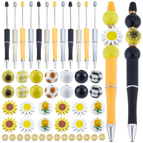 SUNNYCLUE DIY 12 Sets Perlenstifte Mit Perlen Perlenstift Herstellungsset Sonnenblumen Fokalperlen Blumen Bedruckte Holzperlen Schwarze Tinte Kugelschreiber Erntedankfest Perlenstift Zubehör Für Fraue von SUNNYCLUE