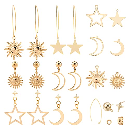 SUNNYCLUE 60Pcs 18K Vergoldetes Stern Mond Kit Sonne Mond Stern Charms Und Messing Haken Biegeringe Für Frauen Anfänger DIY Ohrring Schmuckherstellung von SUNNYCLUE