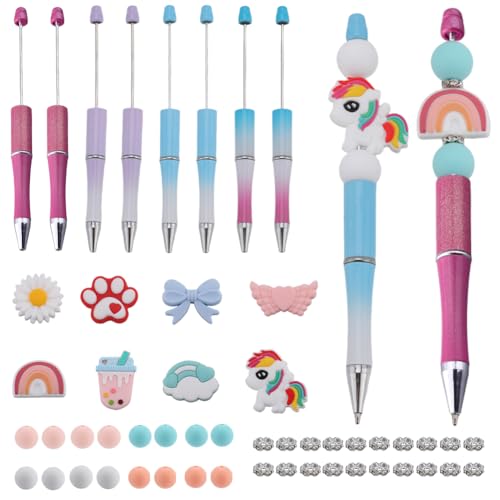 SUNNYCLUE DIY 8 Sets Perlenstift Set Perlenstift Mit Stiften Einhorn Regenbogen Silikon Fokalperlen Niedliche Perlen Kugelschreiber Bastelzubehör Schwarze Tinte Lustiges Perlenstift Set Für Lehrer Stu von SUNNYCLUE