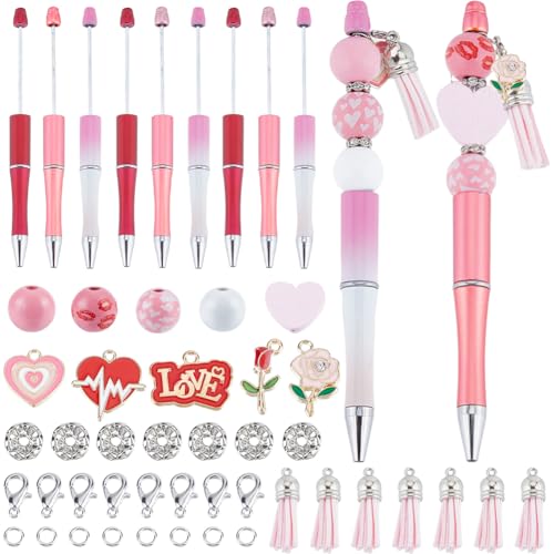 SUNNYCLUE DIY 9 Sets Perlenstifte Mit Perlen 145 Stück Perlenstifte Set Schwarze Tinte Kugelschreiber Rosa Holzperlen Stiftherstellungs Sets Valentinstag Herz Liebe Hängende Charms Perlenstifte Für Fr von SUNNYCLUE