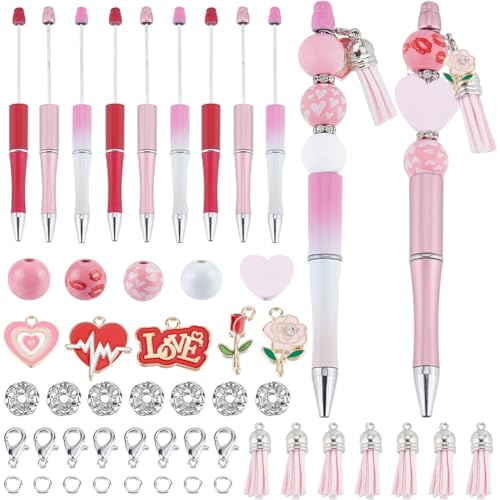 SUNNYCLUE DIY 9 Sets Perlenstifte Mit Perlen 145 Stück Perlenstifte Set Schwarze Tinte Kugelschreiber Rosa Holzperlen Stiftherstellungs Sets Valentinstag Herz Liebe Hängende Charms Perlenstifte Für Fr von SUNNYCLUE