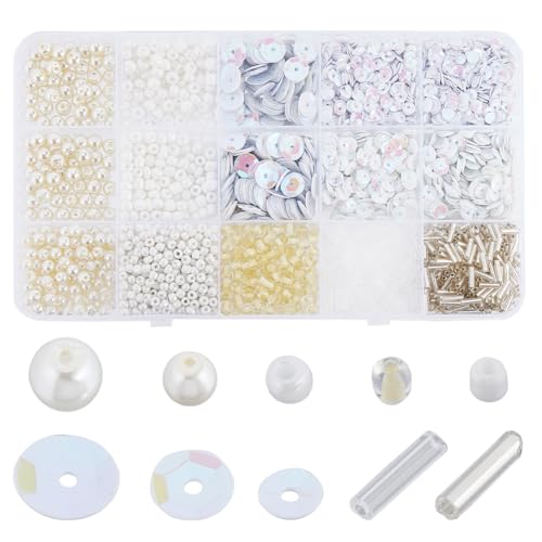 SUNNYCLUE Perlen Und Pailletten Set Glasperlen Runde Glasperlen Kunststoff Paillettenperlen Weiße Glasperlen Abstandsperlen Zur Schmuckherstellung Halsketten Armbänder Ohrringe Bastelbedarf von SUNNYCLUE