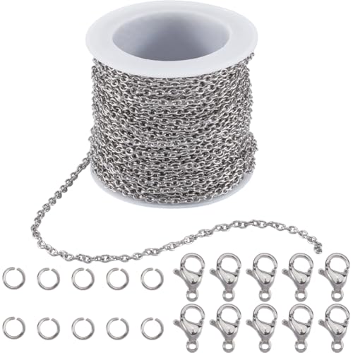 SUNNYCLUE Silberfarbene Kabelkette, Edelstahlkette, 3 mm Kabelrolle mit Biegering und Karabinerverschlüssen, Spulenketten, Sets für Schmuckherstellung, Halsketten, Armbänder, Bastelarbeiten, 100 m von SUNNYCLUE