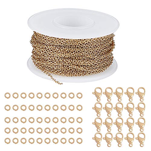 SUNNYCLUE 10m / Rolle Gold Edelstahl Bordsteinkabel Kettengliedspule Bulk Halskette Breite 2mm Mit 20 Hummerverschlüssen Und 50 Biegeringen Für Schmuck Armband Halskette Anhänger Herstellung von SUNNYCLUE