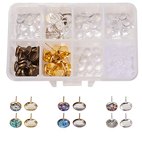 SUNNYCLUE 1 Box 120Stück 8mm DIY 30Paar Cabochon Anhänger Ohrstecker Bastelset Kit zur Schmuckherstellung Lünette Ohrring Einstellungen mit Klarglas Cabochons Ohrringhaken Frauen Erwachsene 3Farbe von SUNNYCLUE