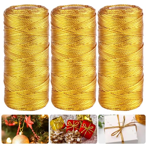 Kordel Gold 3 Rolle, Metallic Schnur Kordel 1.5MM, Goldene Kordel zum Basteln Nicht Elastisch Verpackungsschnur, DIY Goldschnur Bastelschnur zum Handwerk Geschenkverpackung Weihnachten, 300M von SUNOYA