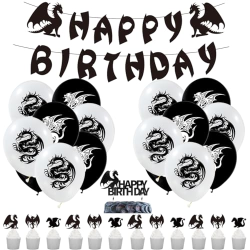 SUNSK Drachen Geburtstags Luftballons Latex Luftballon Happy Birthday Banner Drachen Kuchen Topper Fantasy Party Deko für Kinder 42 Stück von SUNSK