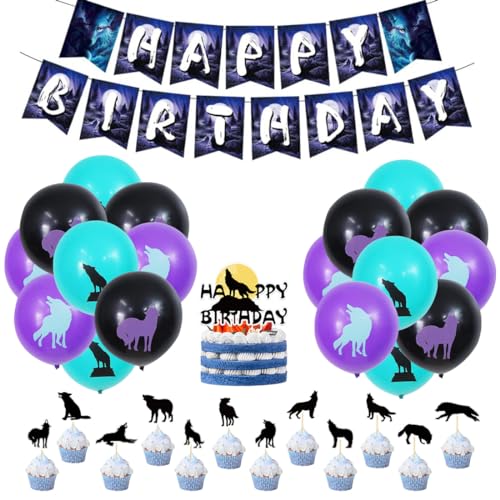 SUNSK Geburtstagsballons Wolf Tier Luftballons Runde Latexballon Happy Birthday Girlande Wolf Kuchen Topper Geburtstag Deko für Jungen 32 Stück von SUNSK