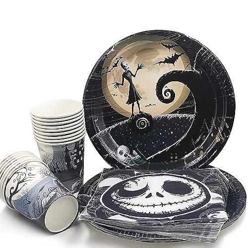 SUNSK Halloween Partygeschirr Set Horror Halloween Tableware Set für 16 Gäste Halloween Geschirr Set Halloween Skelett Teller Becher Servietten für Halloween Party Dekoration von SUNSK