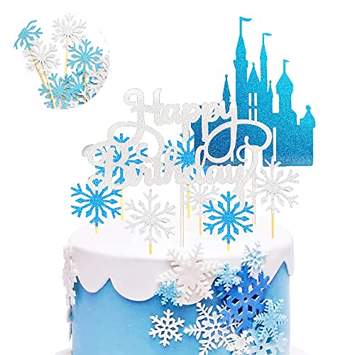 SUNSK Tortendeko Schneeflocke Kuchen Topper Prinzessin für Frozen Tortendeko Schloss Kuchen Deko Glitter Happy Birthday Cake Topper Prinzessin Kindergeburtstag Deko Party von SUNSK