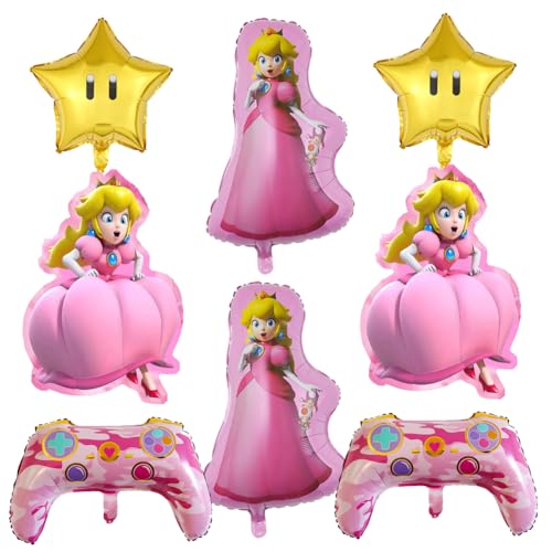 SUNSK Princess Peach Luftballons Rosa Gamepad Folienluftballon Stern Folienballon Videospiel Geburtstag Party Deko für Kinder 8 Stück von SUNSK