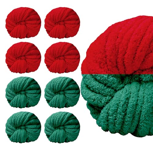 SUNTQ 8 Stück sortierte grobe Garne zum Häkeln, sperriges, dickes Chenille-Garn zum Handstricken, flauschiges Plüschgarn zum Armstricken, 4 Weihnachtsrot, 4 Waldgrün (32 m, 250 g pro Knäuel) von SUNTQ