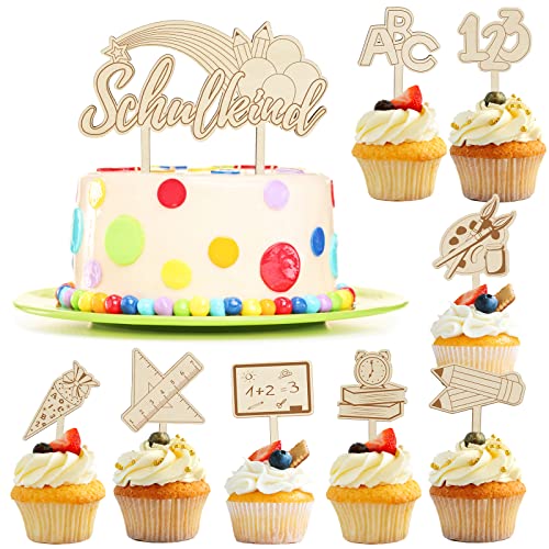 SUNYOK 9 Stück Tortendeko Einschulung Holz Schulanfang Cake Topper Schulkind Torte Deko Cupcake Topper ABC 123 Kuchendeko für 2024 Mädchen Junge Schuleinführung Geschenk von SUNYOK